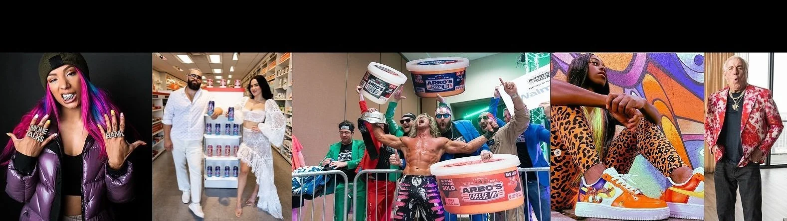 Collage of Paragon sports entertainers at retail appearances, wrestling events, and lifestyle shoots