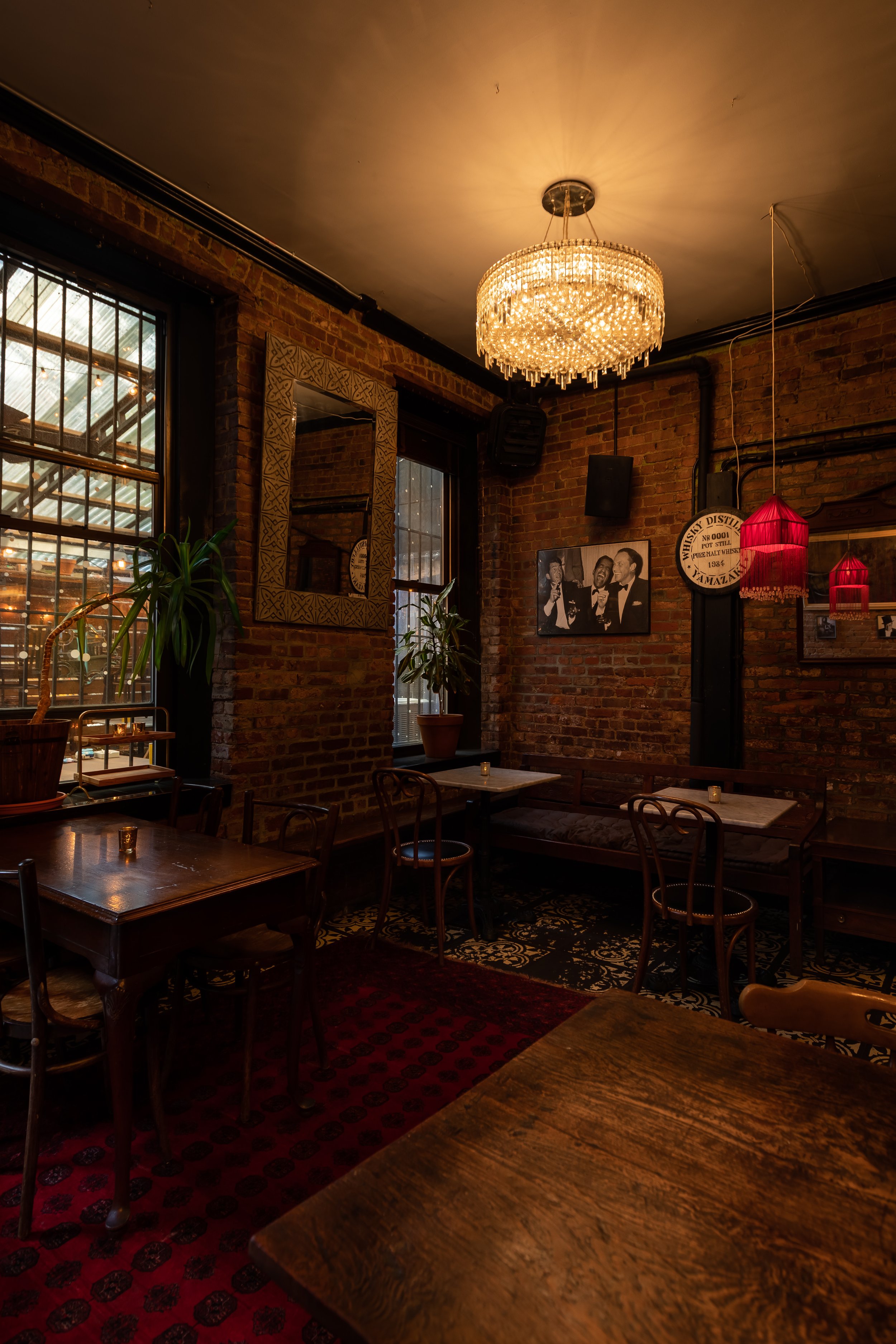 The dining room at night, tables occupied