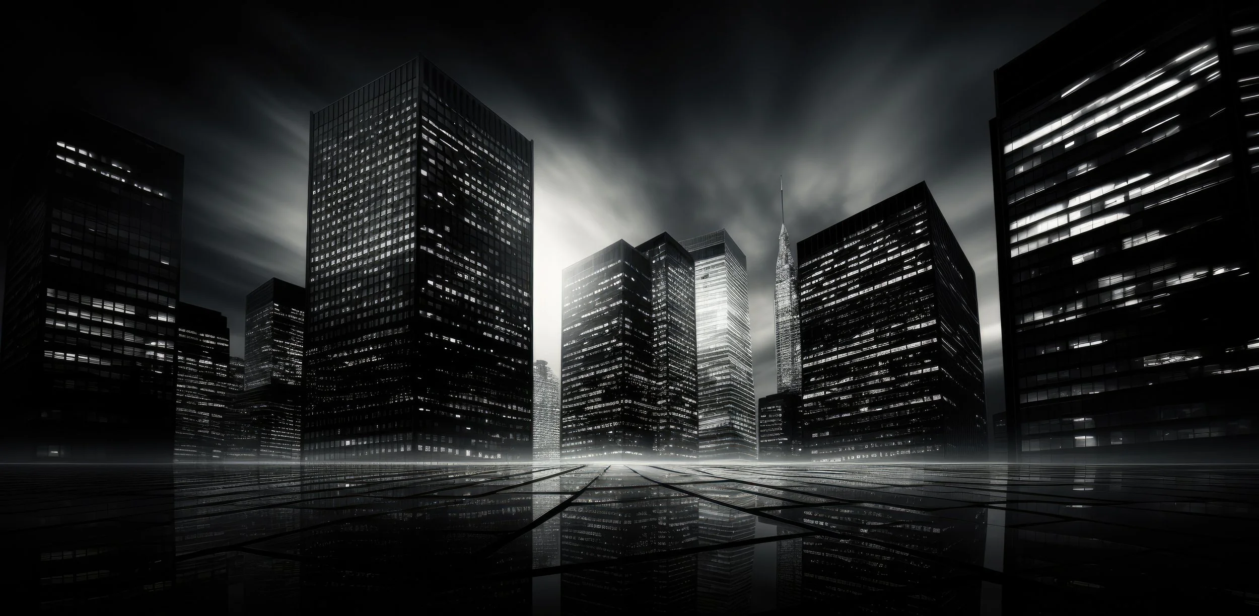 Dramatic black-and-white New York City skyline at night