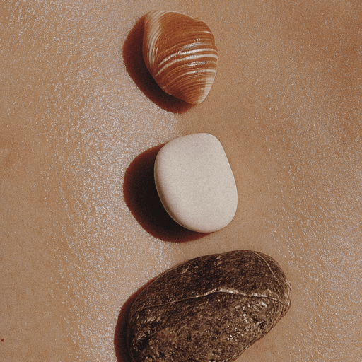 Balanced smooth stones resting on warm sand
