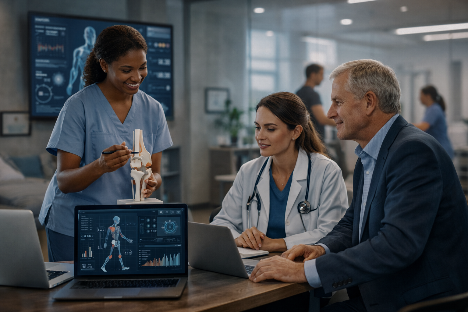 Nurse holding a knee-joint model while a doctor and executive review MSK data on a laptop in a clinic