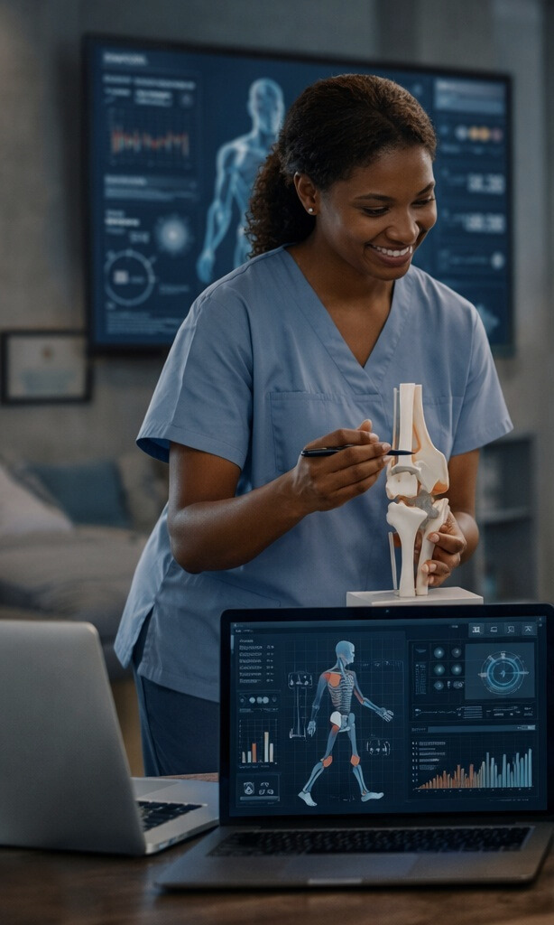 Nurse in blue scrubs presenting a knee-joint model with MSK analytics on a laptop