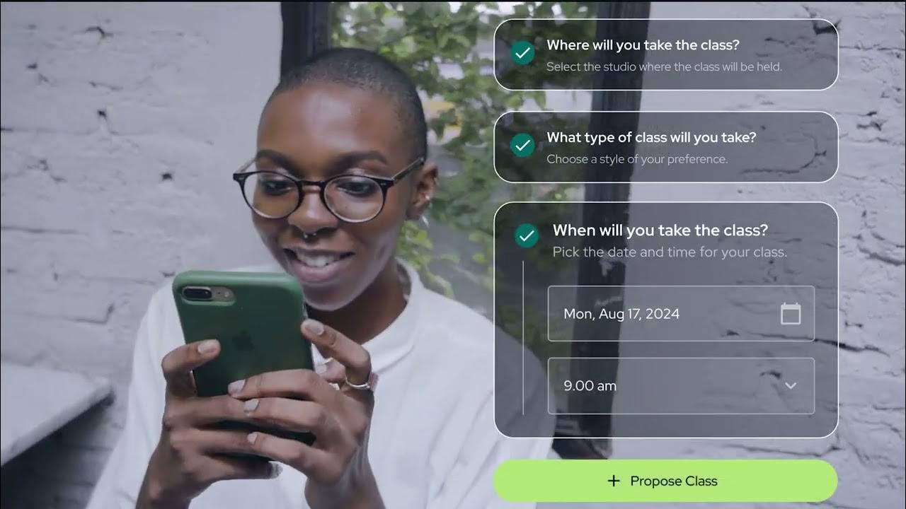 TightFit explainer video thumbnail: a woman smiling at her phone with the app's class booking flow overlaid