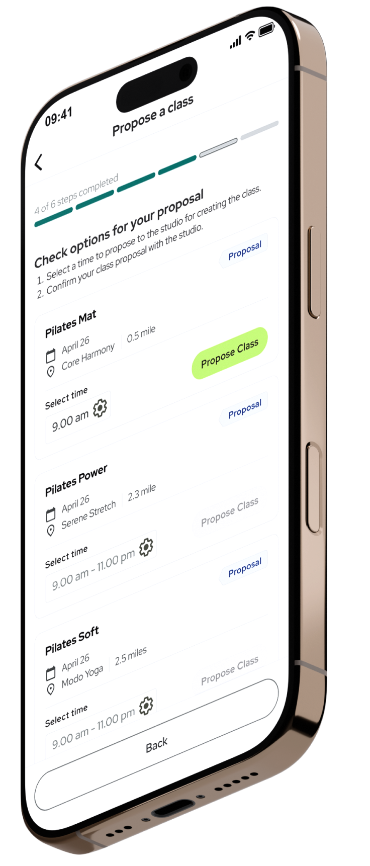 iPhone showing the TightFit app Propose a class screen with Pilates options