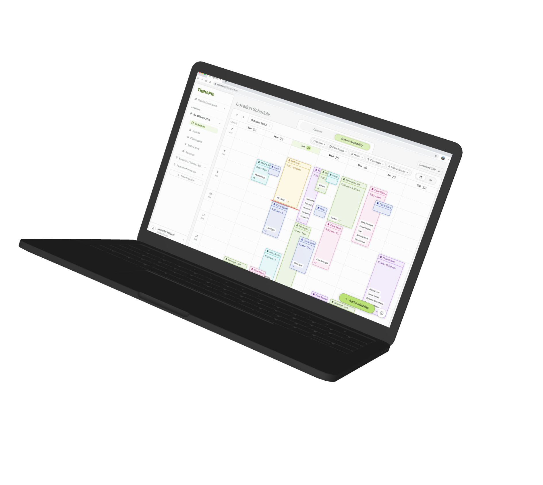 Laptop showing the TightFit admin Location Schedule calendar with colour-coded classes