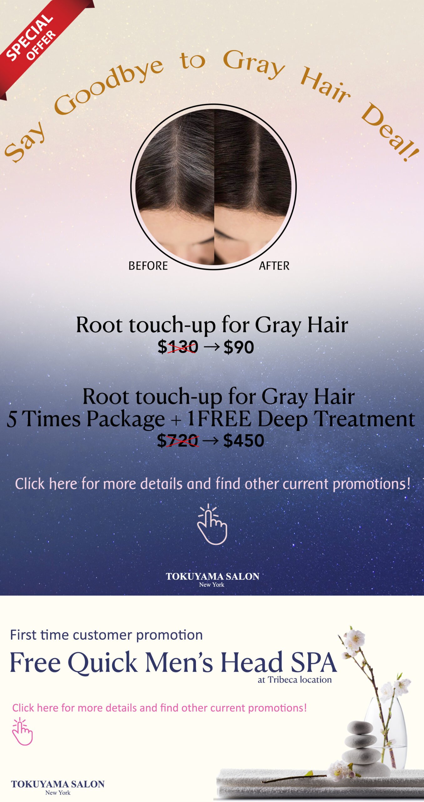 Tokuyama Salon coupon: Say Goodbye to Gray Hair Deal, with before and after photos and a free quick men’s head spa offer