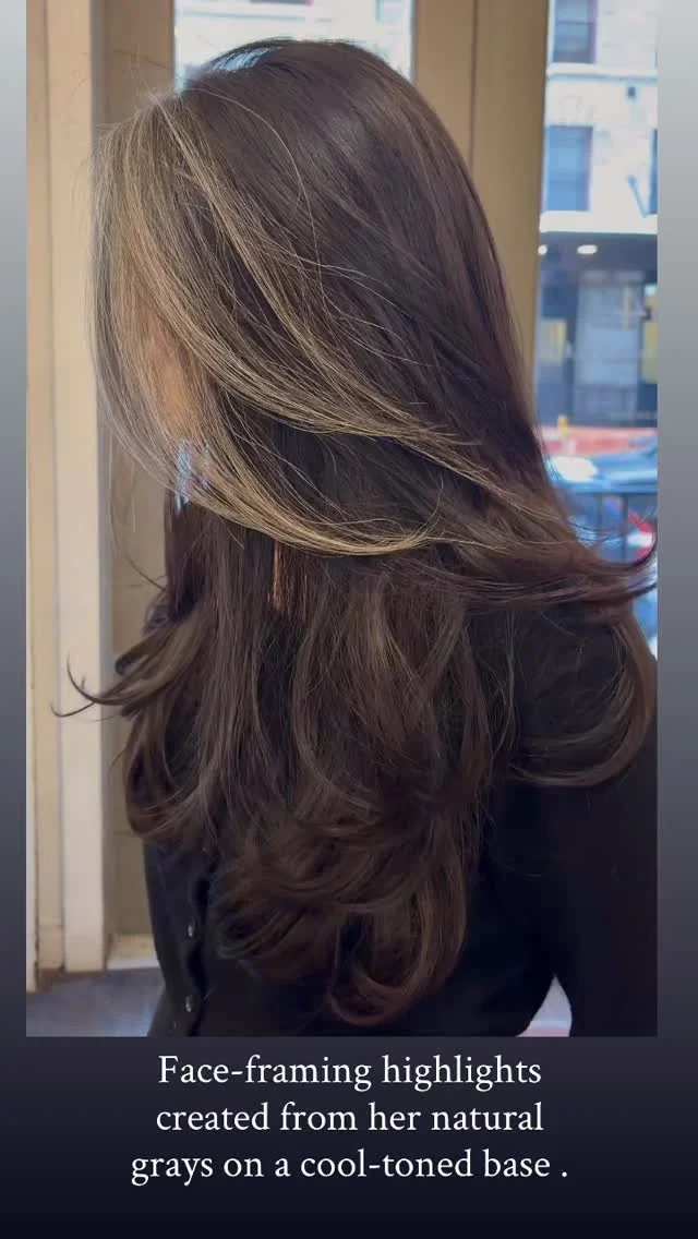 Client with face-framing highlights on a cool-toned dark base