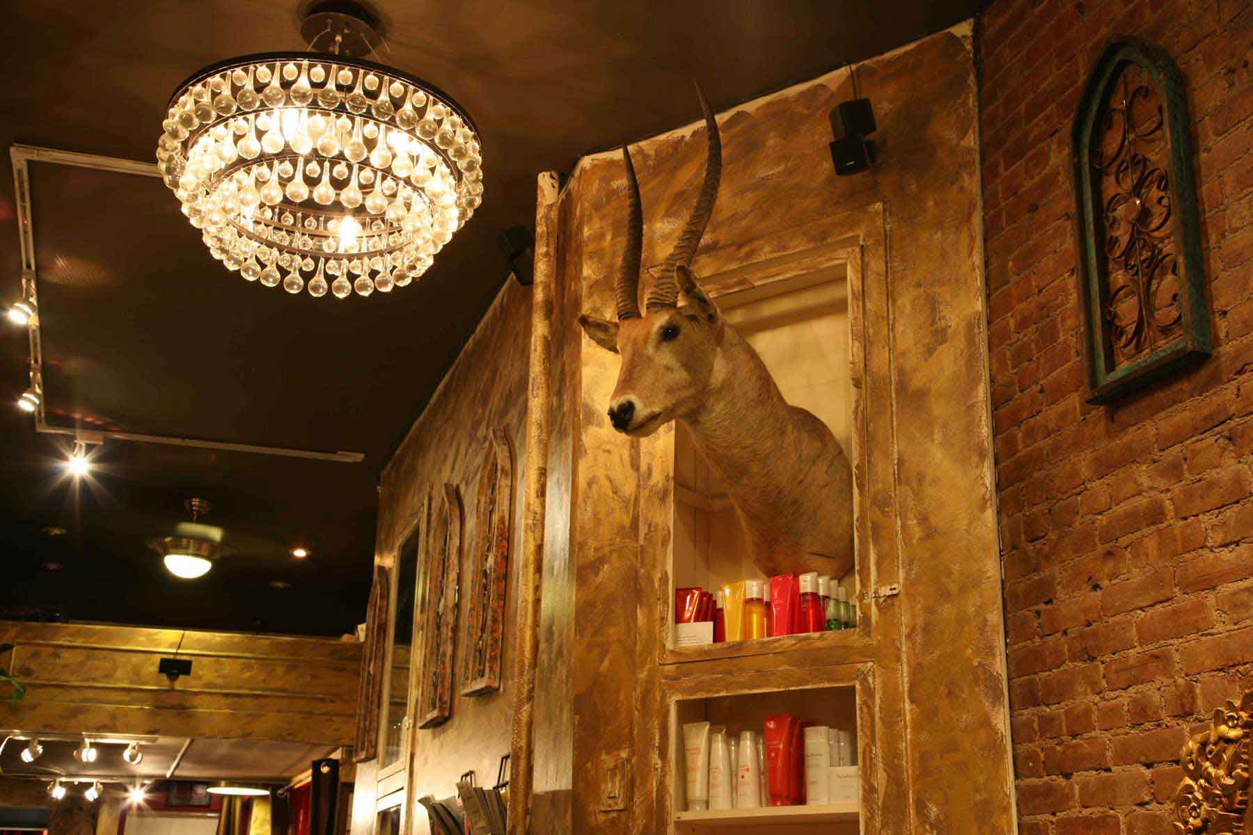 Salon interior with crystal chandelier and brick wall