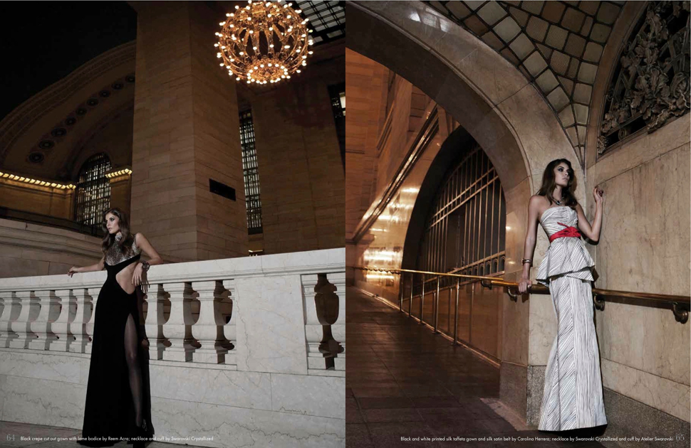 Editorial spread of gowns photographed at Grand Central Terminal