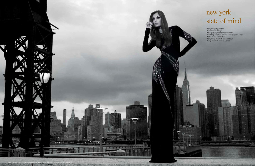 Editorial ‘New York State of Mind’ — model in a black gown against the NYC skyline