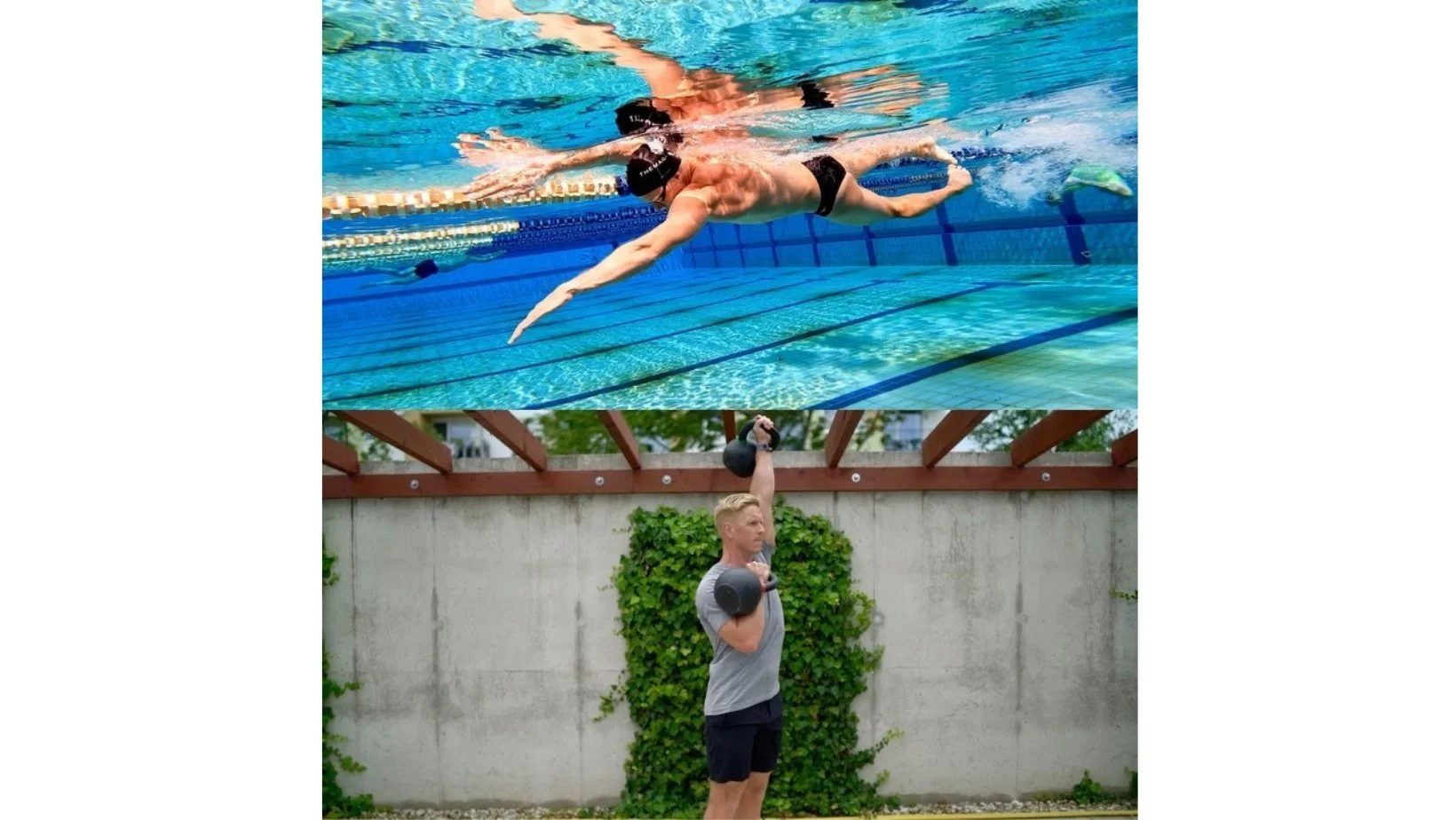 Composite image: an underwater swimmer in pool lanes above, and a man pressing a kettlebell outdoors below.