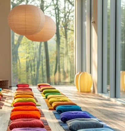 Bright wellness studio with rows of colorful cushions, globe lanterns and floor-to-ceiling forest views