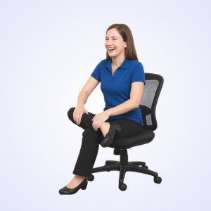 Woman in a blue polo seated on an office chair, laughing