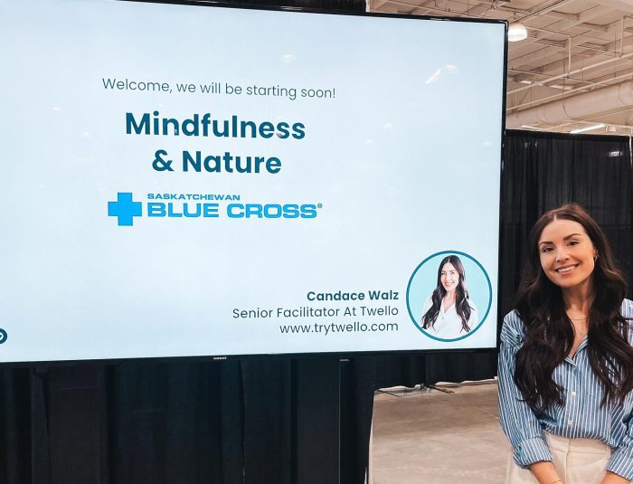 Candace Walz, Senior Facilitator at Twello, presenting a Mindfulness & Nature session at a Saskatchewan Blue Cross onsite event