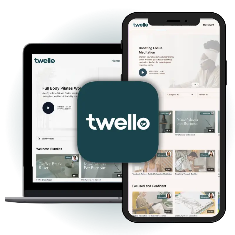 Twello on-demand library shown on a laptop and phone with the Twello app icon