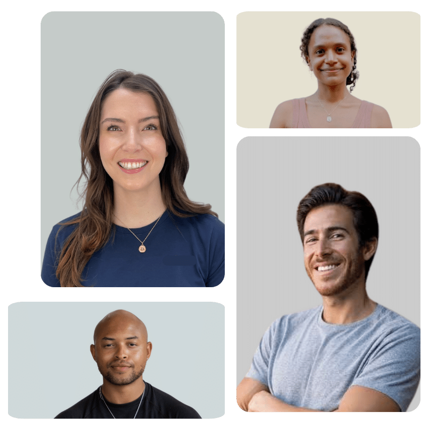 Collage of four Twello wellness facilitators: a woman in a navy top, a young woman in pink, a bald man, and a man in a grey t-shirt