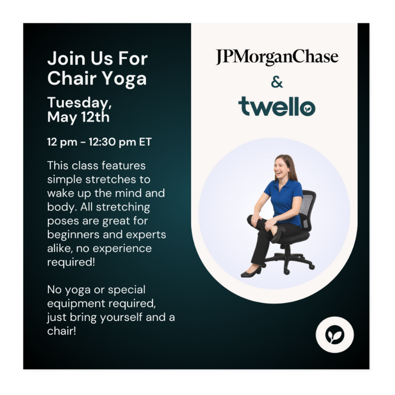 Event invitation graphic for a JPMorgan Chase and Twello Chair Yoga class