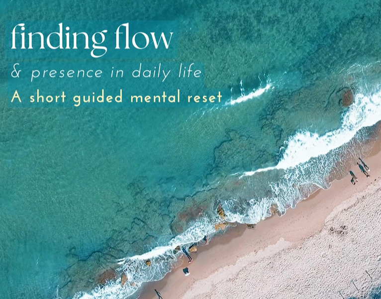 Guide cover: Finding Flow & Presence in Daily Life — a short guided mental reset, aerial beach photo