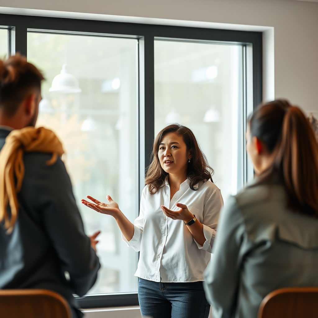 A woman in a white blouse presenting to a small group in a bright room