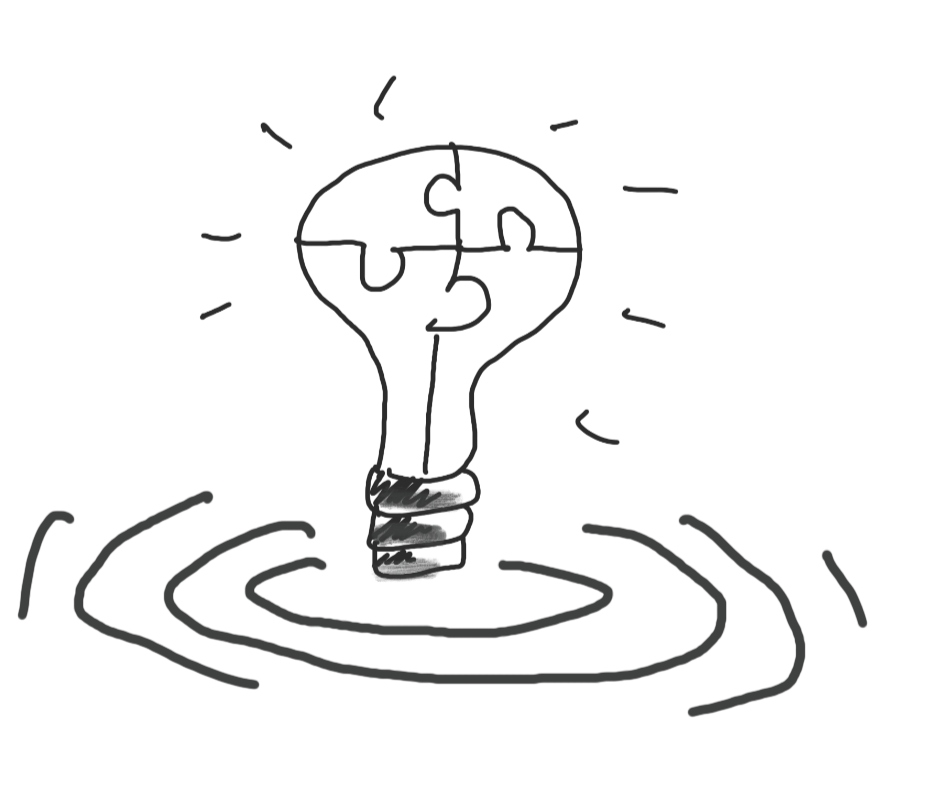 Hand-drawn lightbulb with puzzle pieces and ripples