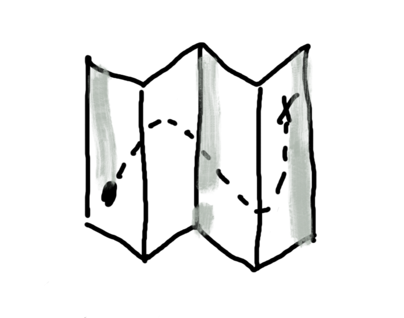 Hand-drawn folded road map with a dotted path