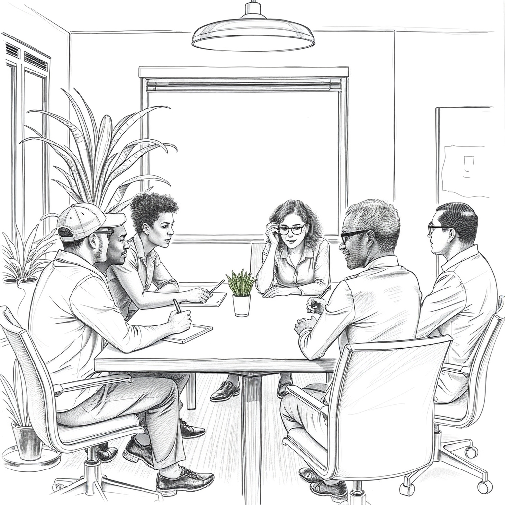 Black-and-white pencil sketch of people around a conference table