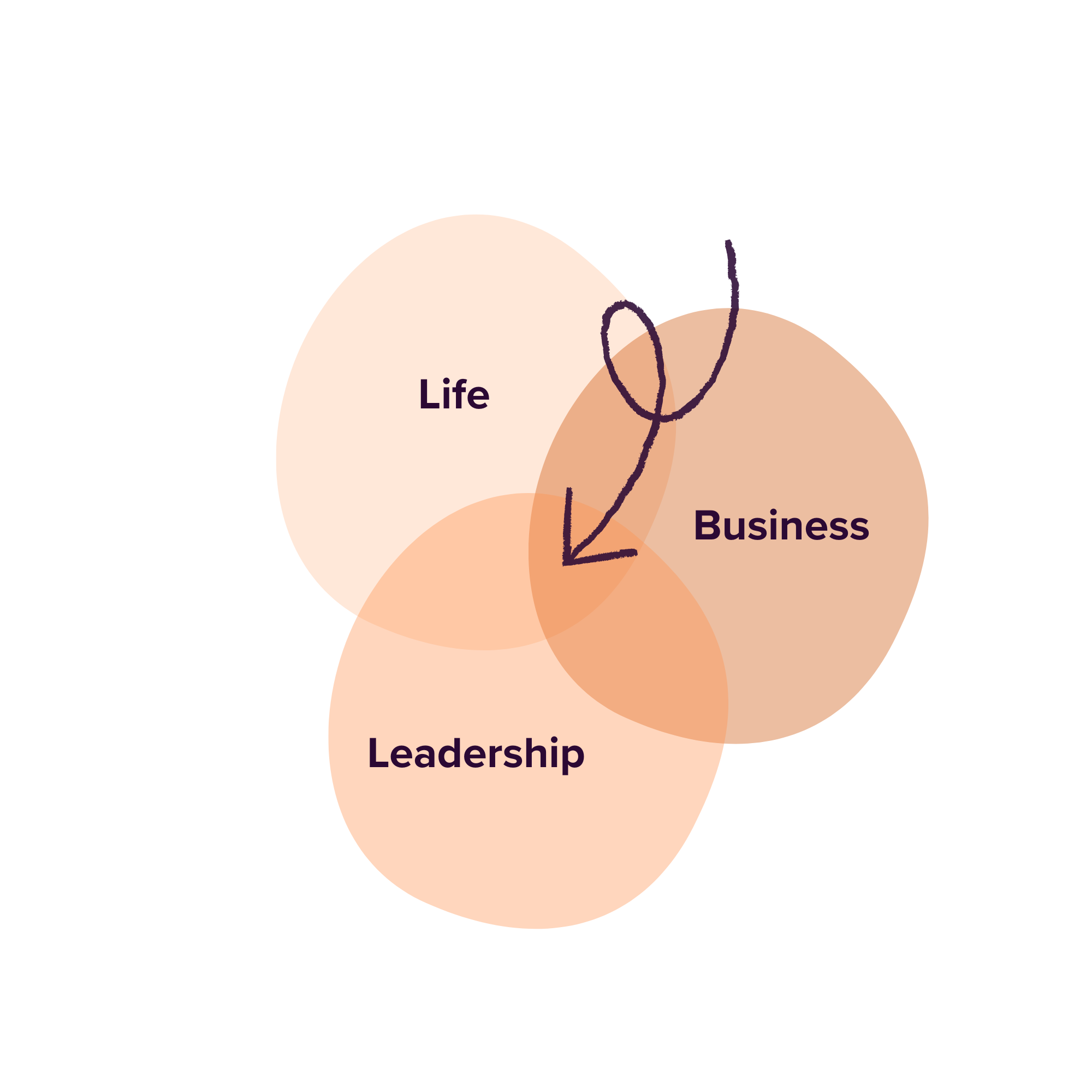 Venn diagram of three overlapping circles labeled Life, Business, and Leadership with an arrow pointing to their intersection