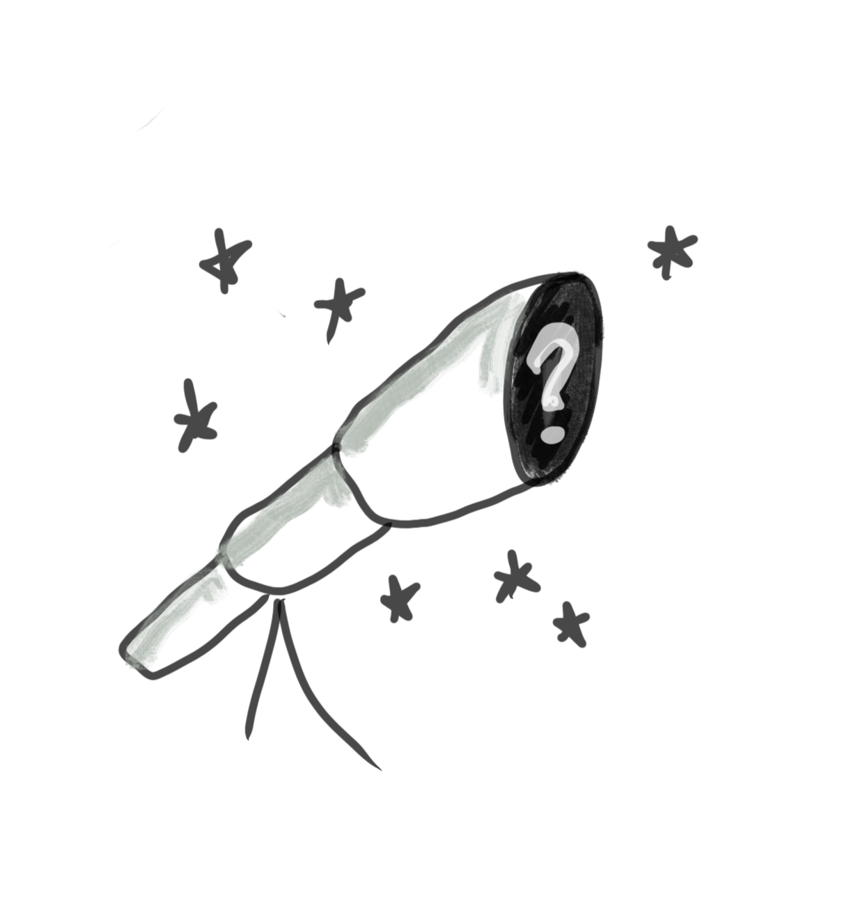 Hand-drawn telescope with stars and a question mark