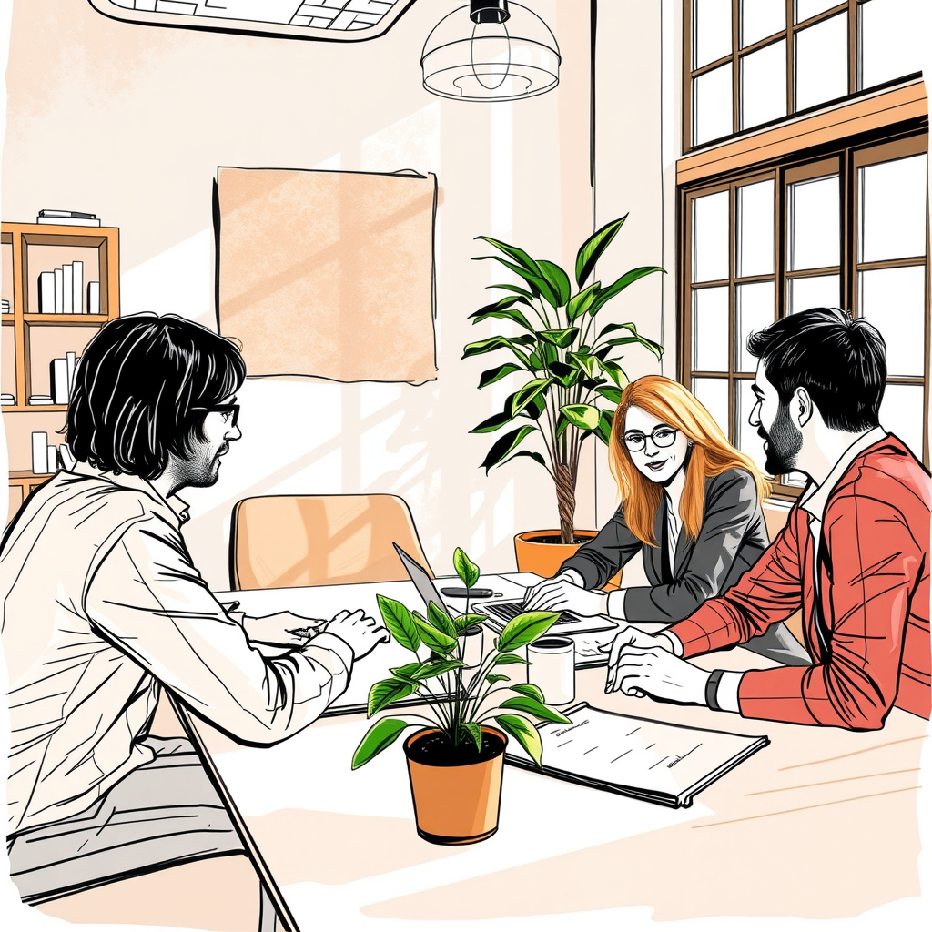 Color illustration of three people collaborating around a table with a laptop