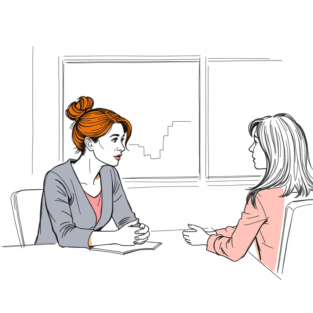 Comic-style illustration of two women having a one-on-one conversation