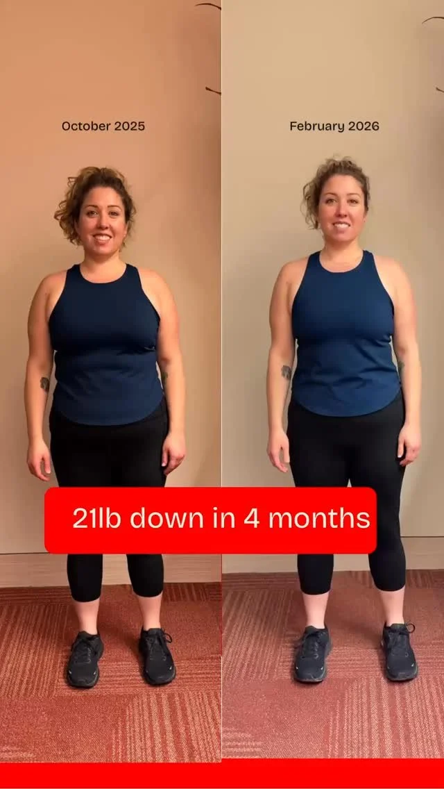 Instagram reel: before and after showing a client 21 pounds down in 4 months