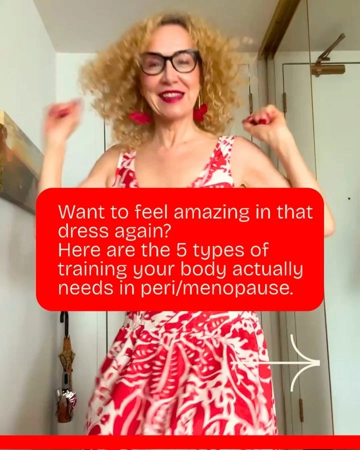 Instagram reel: Mila in a red and white dress on the 5 types of training your body needs in peri/menopause