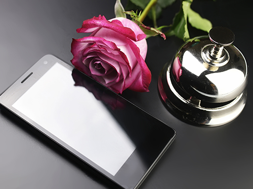 Concierge bell, pink rose and smartphone on a dark surface