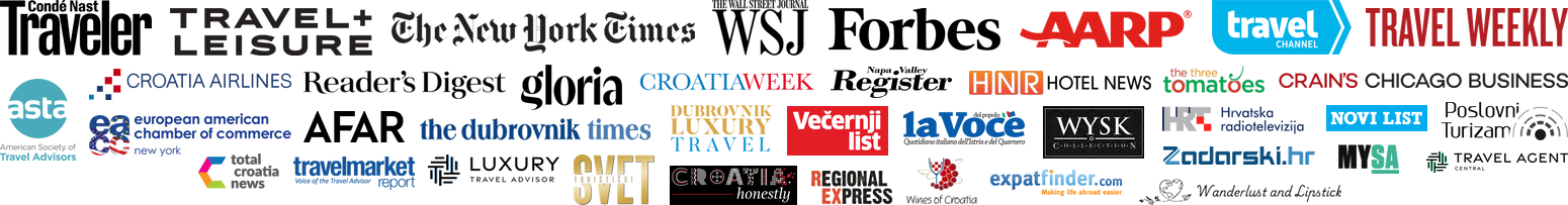 Media logos: Condé Nast Traveler, Travel + Leisure, The New York Times, The Wall Street Journal, Forbes, AARP, Travel Channel, Travel Weekly, Croatia Airlines, Reader's Digest, AFAR and many others