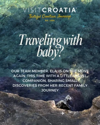 Instagram post: Traveling with baby? over a rocky coastal background