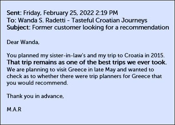 Instagram post: screenshot of a customer email praising Wanda S. Radetti and Tasteful Croatian Journeys