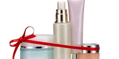 Beauty and skincare set tied with a red ribbon bow