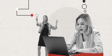 Two women in a creative collage — searching and working on a laptop