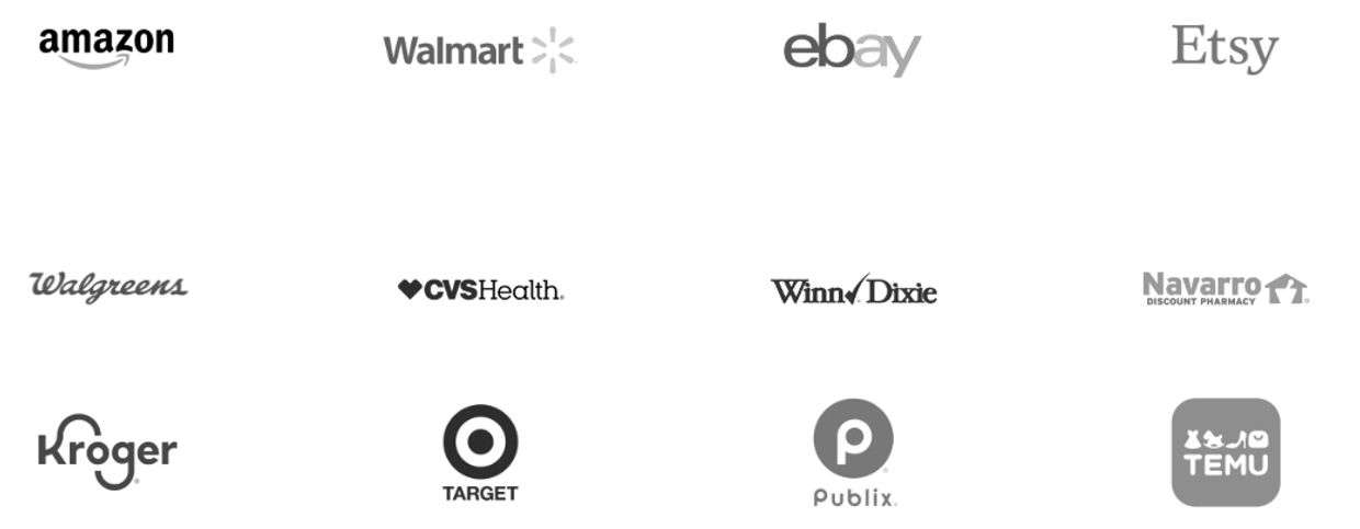 Retail partners: Amazon, Walmart, eBay, Etsy, Walgreens, CVS Health, Winn-Dixie, Navarro, Kroger, Target, Publix, Temu