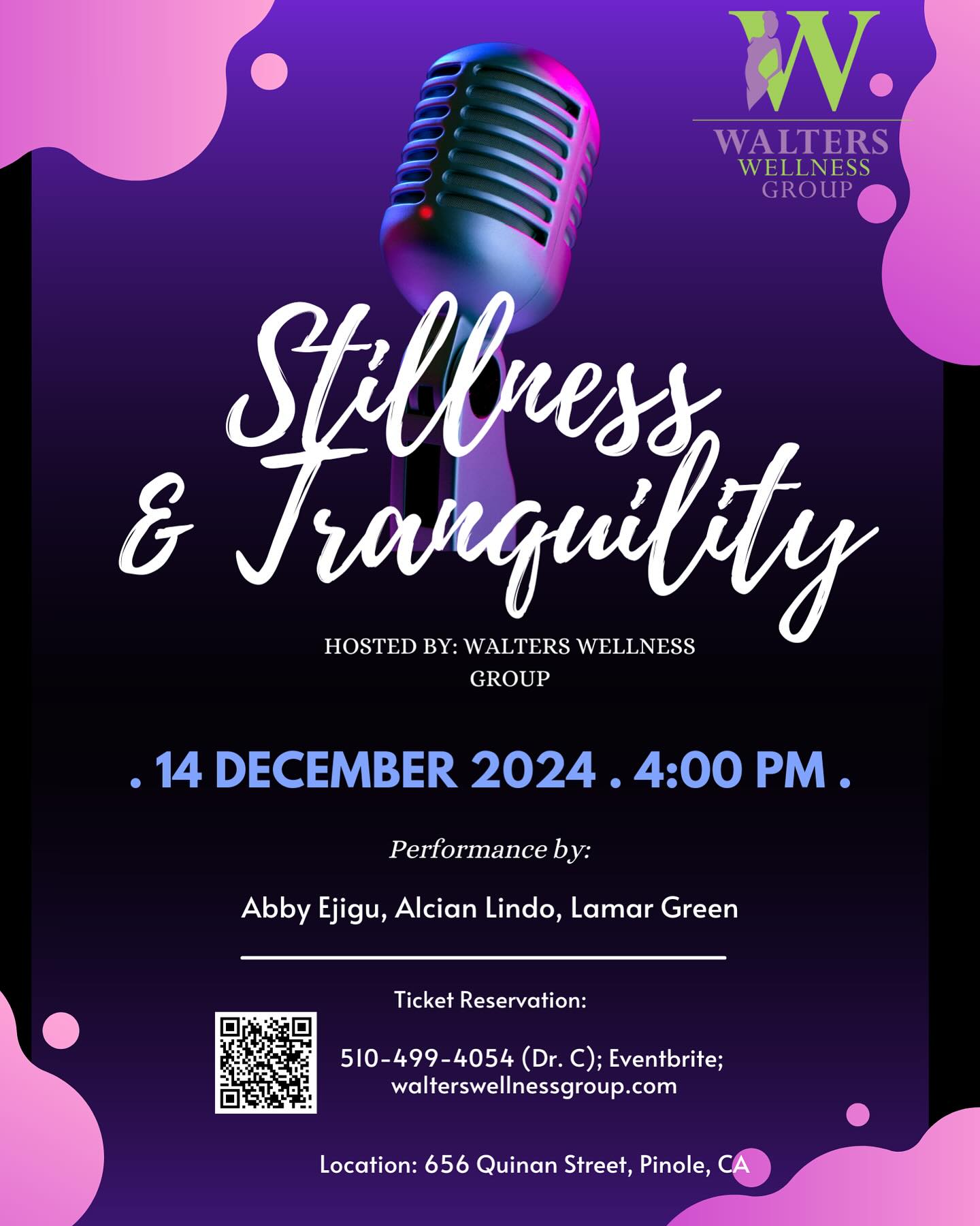 Flyer for the Stillness and Tranquility event, December 14 2024