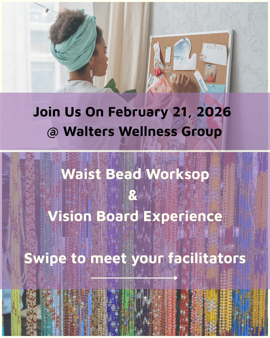 Flyer for the Waist Bead Workshop and Vision Board Experience, February 21 2026