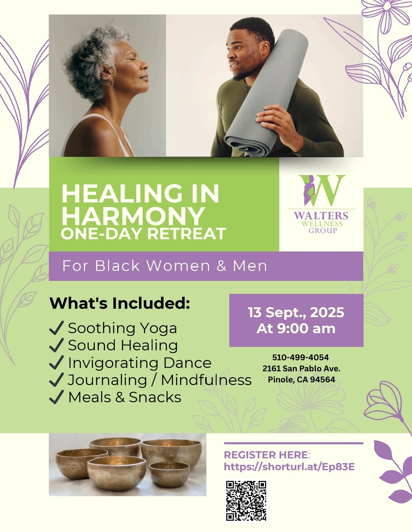 Flyer for Healing in Harmony One-Day Retreat for Black Women and Men, September 13 2025
