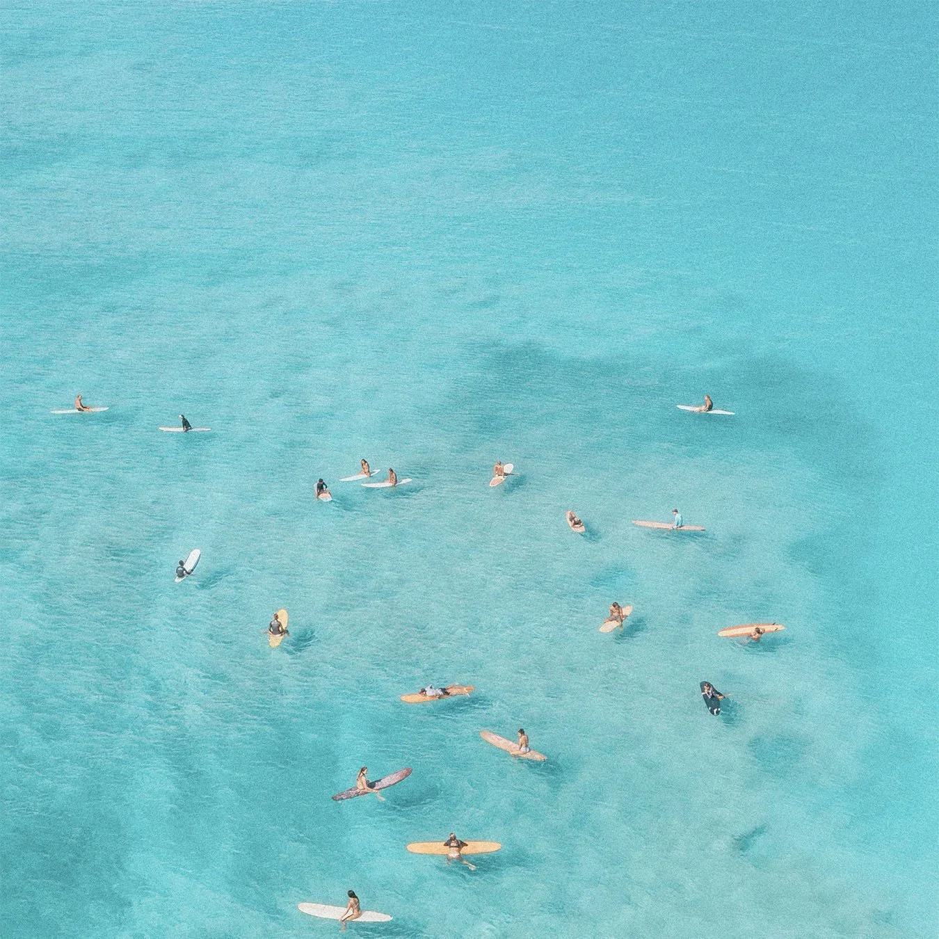 Aerial view of surfers floating on boards in turquoise water