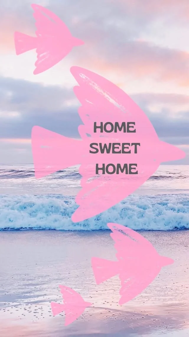 Home Sweet Home post — pink birds over a pastel beach wave