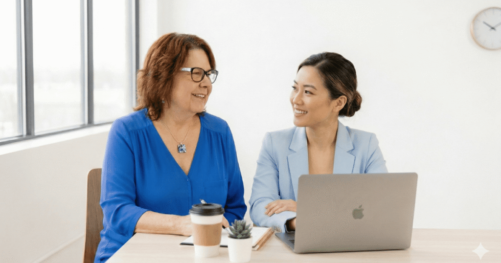 Two women smiling across a table with a laptop in a bright office