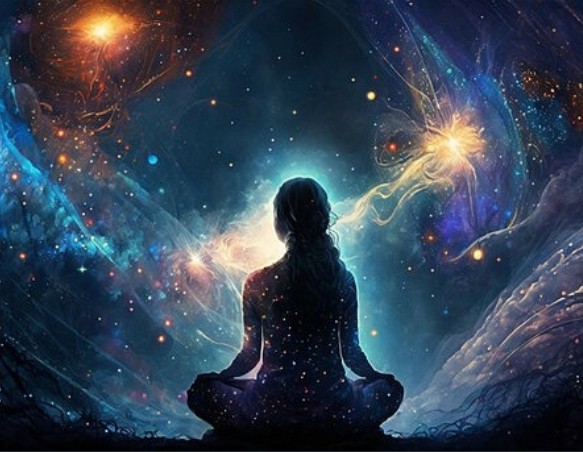 Digital artwork of a silhouetted meditating figure surrounded by cosmic energy