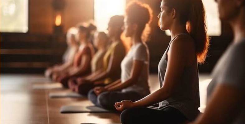 Row of women sitting cross-legged in meditation in a warmly lit studio