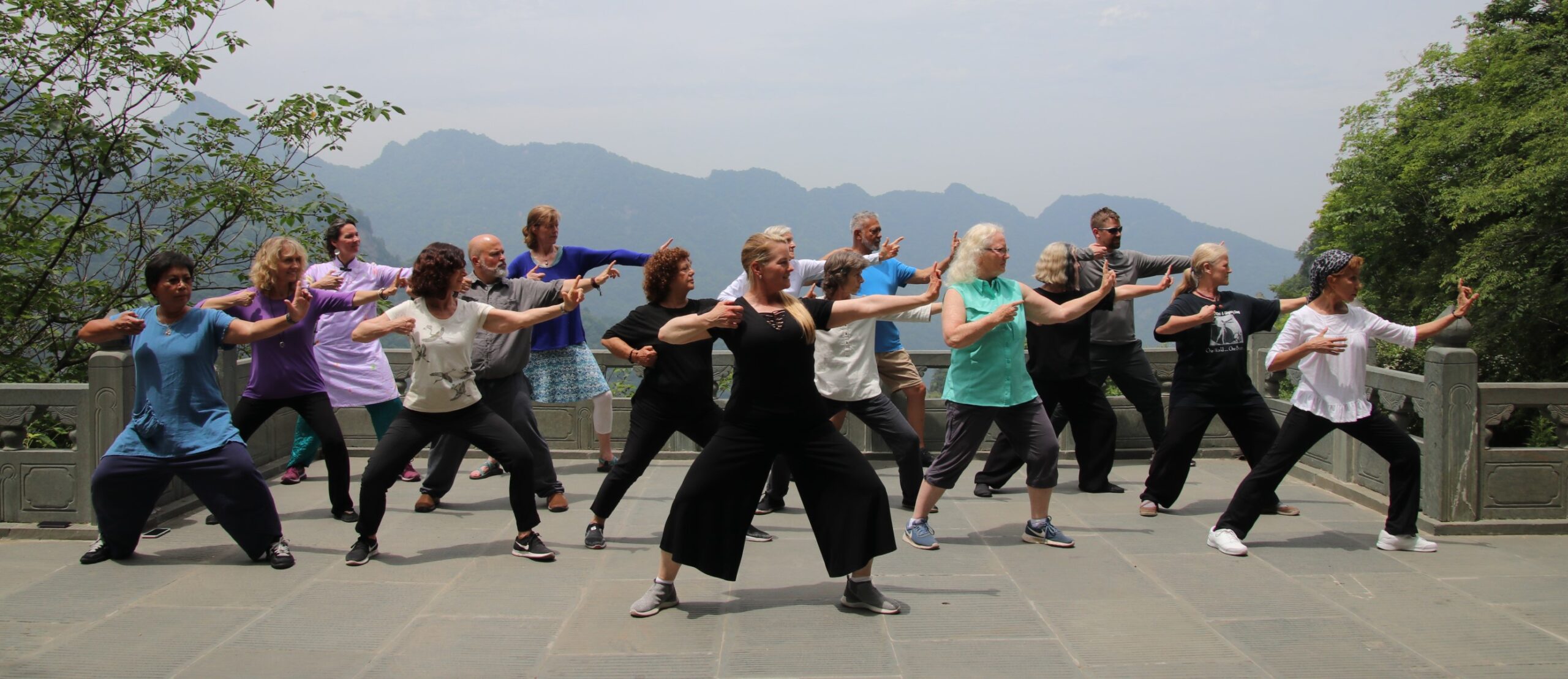 Group of adults practicing Tai Chi on a stone terrace with a mountain backdrop