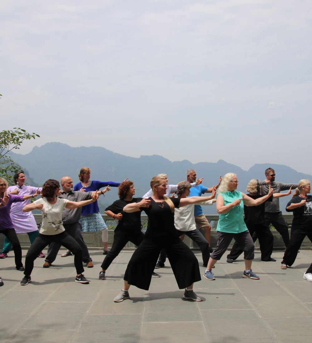 Group of adults practicing Tai Chi on a stone terrace with a mountain backdrop