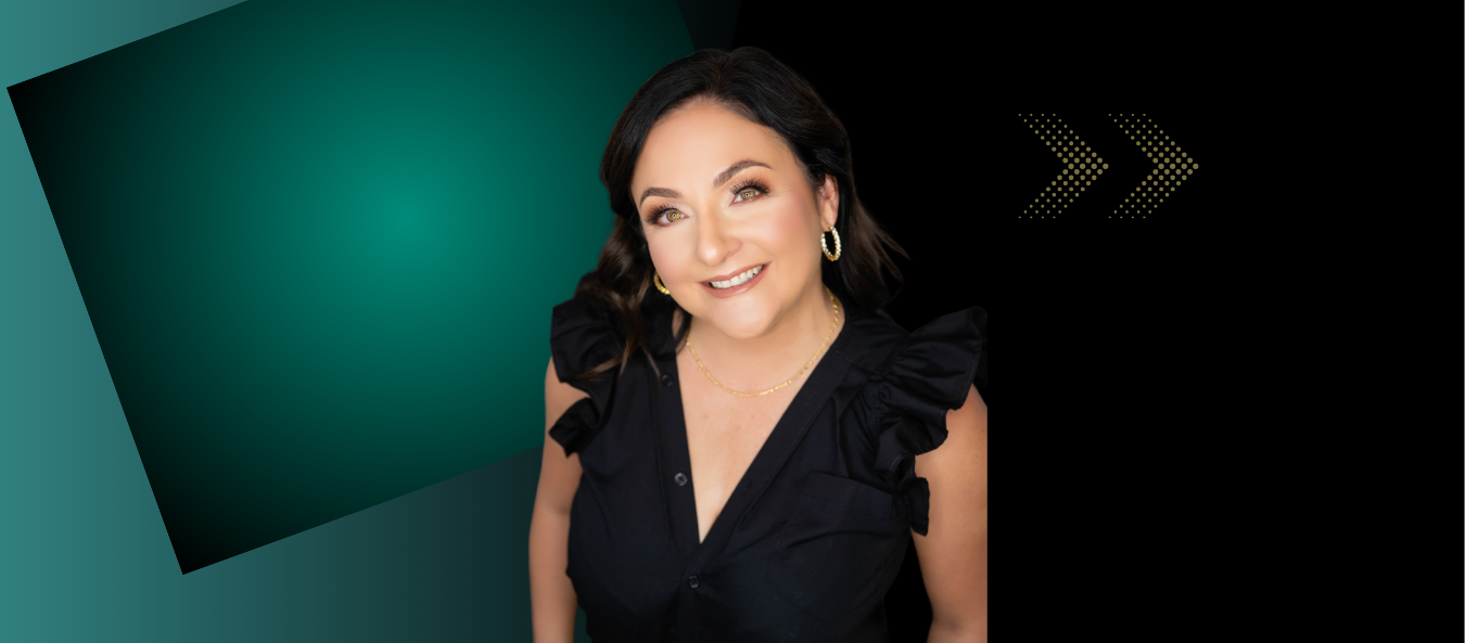 Wendy Paige Sterling in a black ruffled top against a teal and black backdrop with chevron graphic